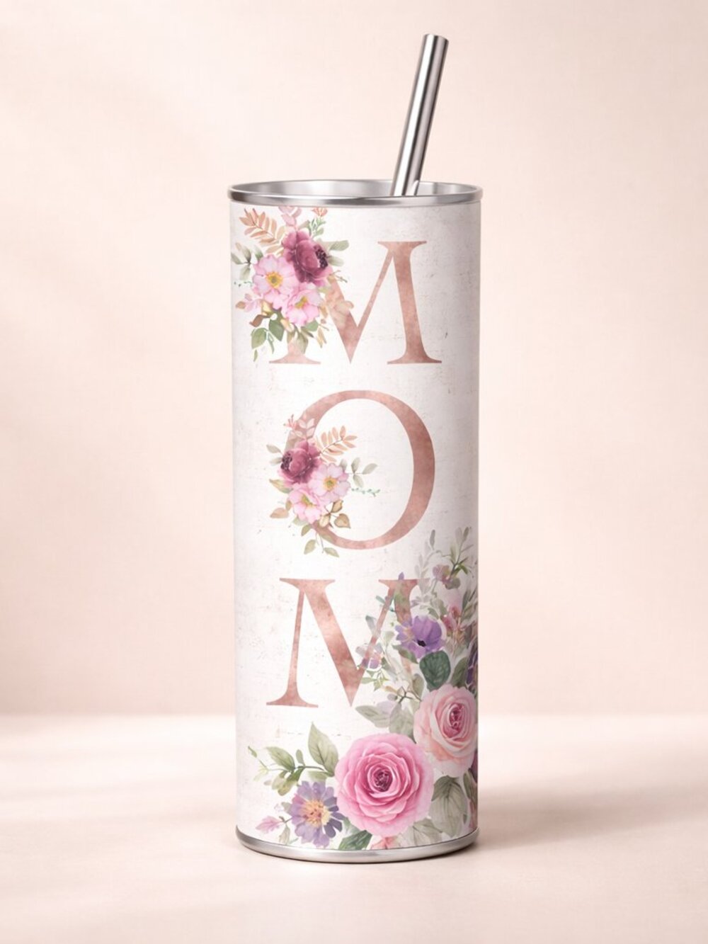 20 oz MOM Floral Skinny Tumbler | Stainless Steel Insulated Travel Cup with Lid